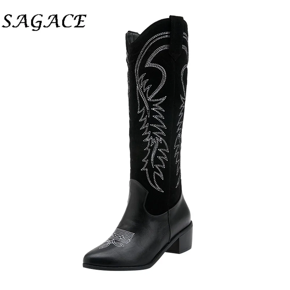 SAGACE Shoes ladies High Leg boots plus size Embroidered women square heels Slip-On vintage boots women platform boots