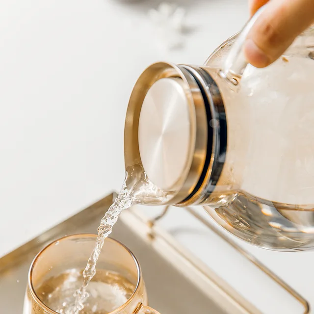 Új 1,5 Literes Arany Magas Boroszilikát Üveg Teáskanna Készlet Wiht Bögre Csésze Tálca Gyümölcslé Vízkávé Tea Edény Virág Nagy Vízforraló Ajándék - Image 4