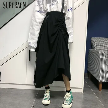 

SuperAen Korean Style Women's Skirts 2020 Spring and Autumn New Ladies Skirts Drawstring Soldi Color Cotton Skirts Female