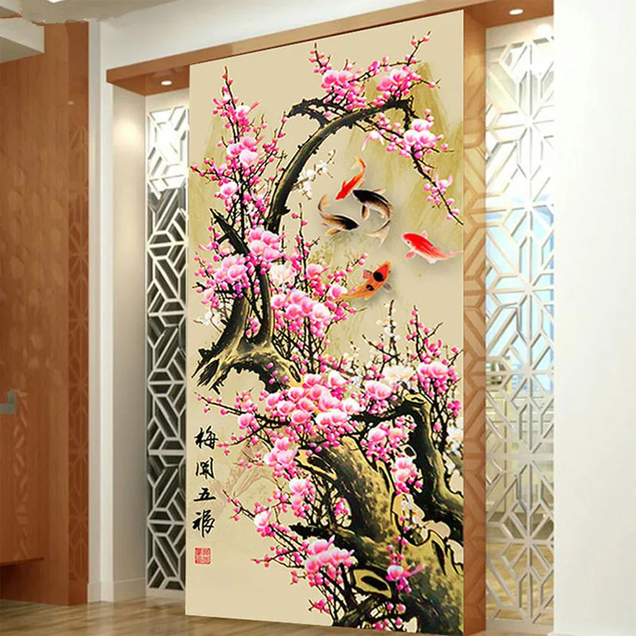 large diy diamond painting Plum koi fish cross stitch crystal mosaic square round embroidery art office decor | Дом и сад