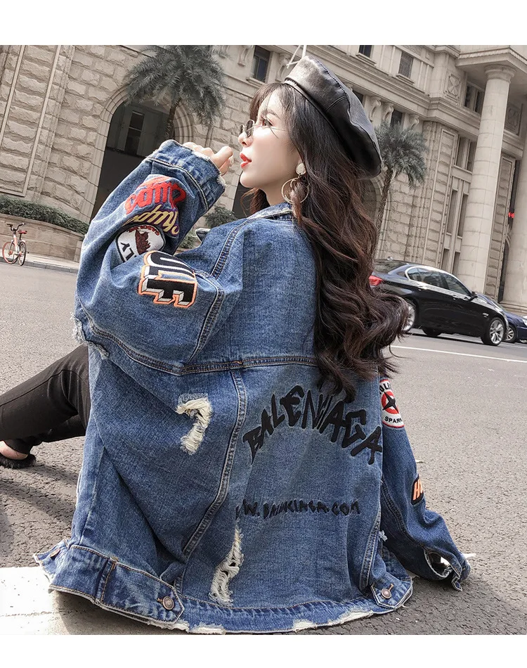 

2019 Spring Auturn letter Crop Denim Jackets Women Casual Jeans Bomber Jacket Long Sleeve Denim Coat Plus Size