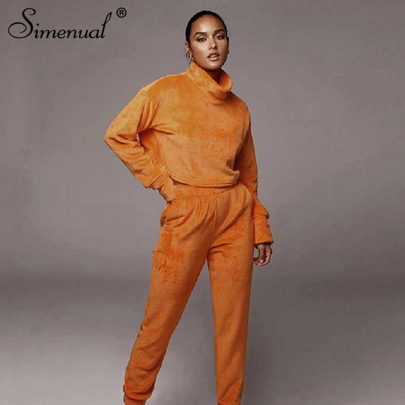 

Simenual Velvet Casual Autumn Winter Matching Set Women Turtleneck Long Sleeve 2 Piece Outfits Sporty Workout Top And Pants Sets