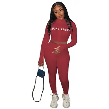 

Turtleneck Knit Rib Bodycon Tracksuit Sexy Zipper Embroidery Lucky Label Long Sleeve Crop Top + Leggings Two Piece Set Outfits