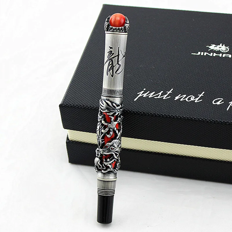 Jinhao New Dragon King Fountain Pen Vintage Embossing Heavy Pen Gray /& Red
