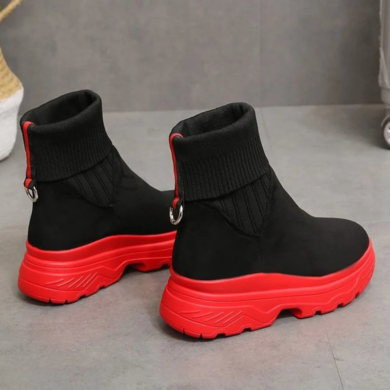 

2019 New arrival Women Black Ankle Sock Boots Fashion Autumn Winter Stretch Boots Chunky Flat Boots Round Toe Women height Shoe