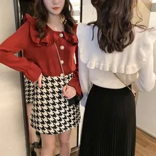 Женский осенний зимний Повседневный однотонный винтажный кардиган с кукольным воротником и длинным рукавом, теплый тонкий длинный вязаный свитер