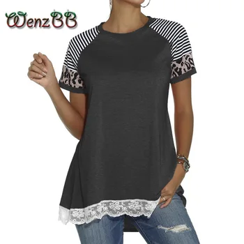 

Wenzbb Women 2020 Summer Sexy Leopard Stripes Short Sleeve O-Neck Lace Hem Loose Tops T-Shirt Dropshipping