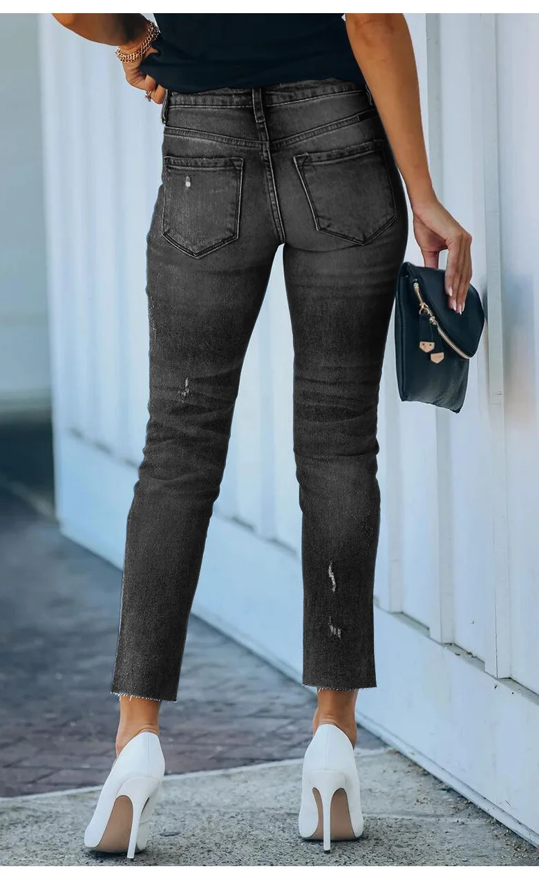 white jeans Blue Casual Jeans Women Ripped Ankle Split Streetwear Straight Denim Trousers Lady Ankle Length Black Denim Pants 2021 Autumn zara jeans