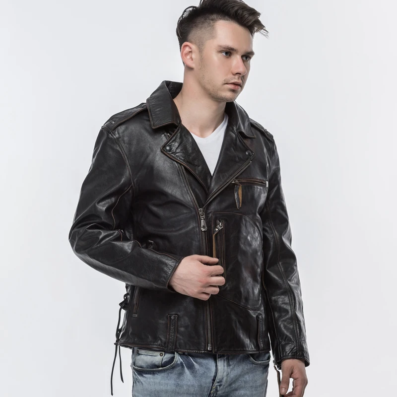 

2020 Vintage Black Men Slim Fit Biker's Leather Jacket Plus Size 6XL Genuine Thick Cowhide Russian Motorcycle Leather Coat