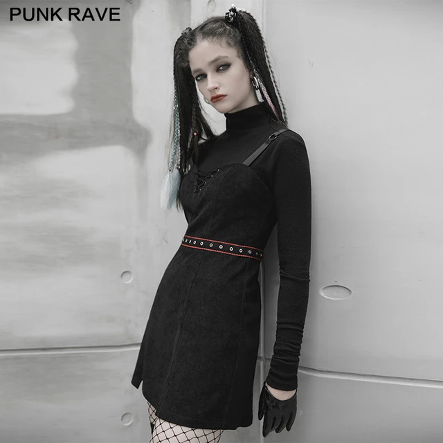 PUNK RAVE Women's Punk Series Small A-shaped Waist Strap Dress Daily Casual  Eyelet Ribbon Decoration Twill Velvet Short Dress - AliExpress
