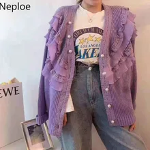 Neploe, осенний свитер большого размера, кардиганы, зимние, кружевные, с оборками, женское теплое вязаное пальто, с жемчужными пуговицами, Свободная трикотажная куртка, 54691