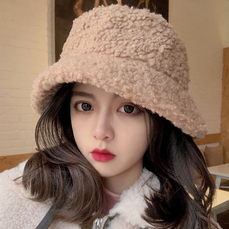 

Winter Glabrous Hat Solid Fisherman Hat for Women Japanese Lamb Wool Warm Hat Basin Hat Tide Bucket Casual Hat