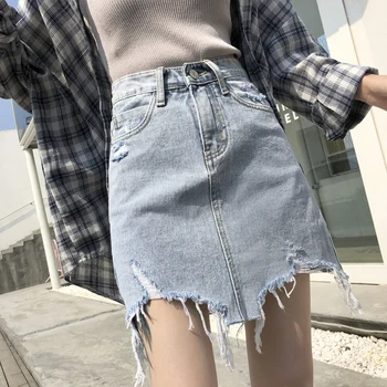 

Summer Asymmetrical Denim Skirts For Women Black Blue High Waist Micro Mini Skirts Ladies Ripped Jeans Skirts Holes Sexy