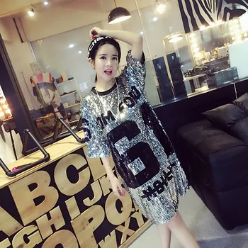 

2020 Summer New Polyester Casual Half Long Letter O-neck Pullover Paillette Sleeveless Disposition Fashion Loose Woman T-shirt