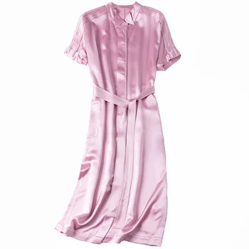 

retro Solid color thin lace dress short sleeve high-end acetate satin dress womens clothing