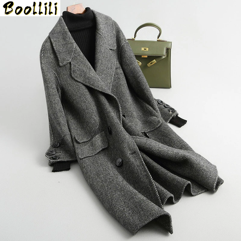 

Boollili 2020 England Women Wool Coat Pockets Long Autumn Winter Female Jacket Double-sided Alpaca Woolen Coats