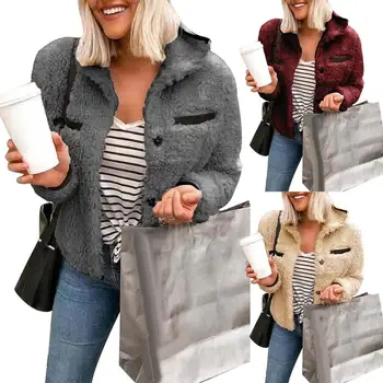 

2019 Autumn Winter Women Solid Color Thicken Turn Down Collar Long Sleeve Button Coat Nylon Polyester Spandex Buttons Warm Coat