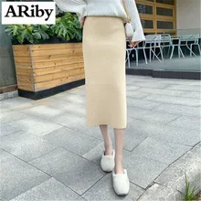 ARiby вязаный свитер средней длины, юбка до бедра, новинка, осенняя и зимняя длинная юбка с высокой талией, утолщенная юбка