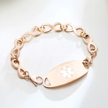 

Free Engraving Medical Alert ID Bracelet for Women Rose Gold Endless Love Infinity Chain Link Stainless Steel Bracelet