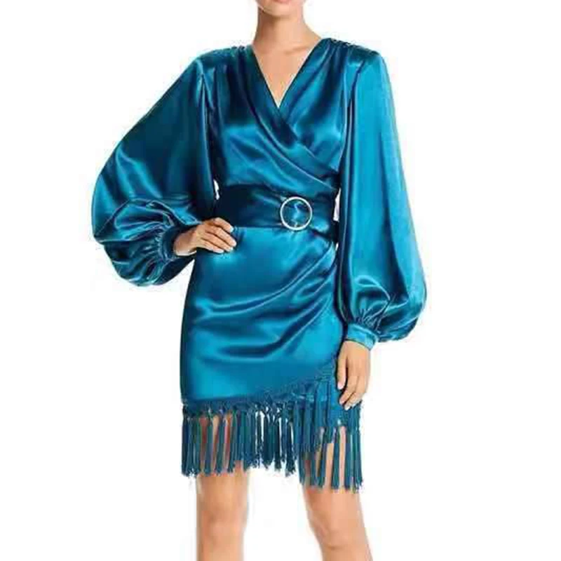 HIGH STREET Новое Стильное дизайнерское платье женское платье с рукавами-фонариками шарф с бахромой