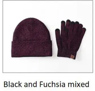 Black Fuchsia mixed Женская однотонная вязаная шапка и наборы с перчатками с сочетающимися люрексами и перчатки для сенсорных экранов, женские шапочки и варежки, теплые зимние комплекты, женские розовые, смешанные шапки и на - Цвет: Black Fuchsia mixed