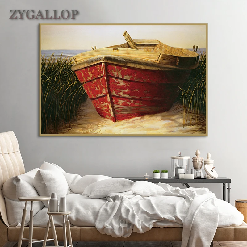 Sailboat On The Shore Oil Painting Canvas Wall Art Posters and Prints Scandinavian Decor Paintings Pictures for Home Design | Дом и сад