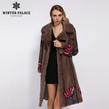 

WINTER PALACE 2019 New Winter Long Import Mink Coat Suit Collar Flower Pattern Velvet Grade Real Fur Coat Warm Mink Fur Coat