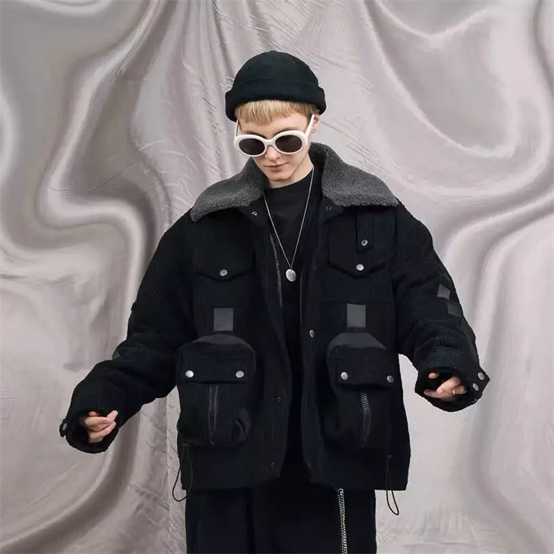 Зимняя куртка мужская Techwear черные толстые теплые куртки пальто с меховой отделкой