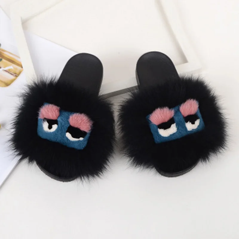 

Real Fox Hair Little Monster Slippers Women Fashion Outdoor Flat Shoes Female Fluffy Sandals Lovely Colorful Plush Ladies Slides