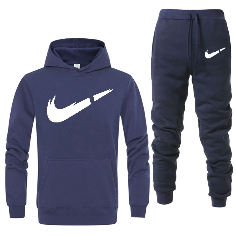 New Two Pieces Set Fashion Hooded Sweatshirts Sportswear Men Tracksuit Hoodie Autumn Brand Clothes Hoodies+Pants men sets - Цвет: Navy blue Navy blue