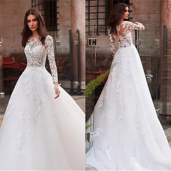 

2021 White Long Sleeves A-Line Wedding Dress Lace Appliques With Nude Tulle Top Bridal Gowns Spring Customized Garden For Bride