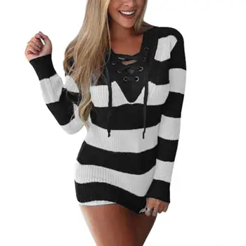 

V-neck tie with contrast striped knit long sleeve sweater long sleeve sweater women