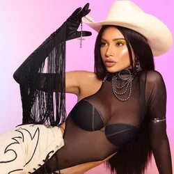 BKLD 2024 Summer New Sexy Black Perspective Turtleneck One Shoulder Long Sleeve Mesh Jumpsuit Women Clubewar Bodycon Bodysuits