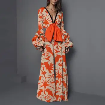 

Women Elegant Bowknot Boho Long Sleeve Jumpsuit Casual Beach Party Print Wide Leg Romper Loose Deep V Neck Spring Summer Romper