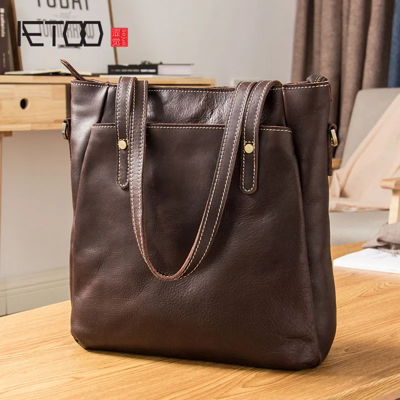 

BJYL Handmade leather men's vertical handbag, simple one-shoulder slanted bag, vintage literary real leather shoulder bag