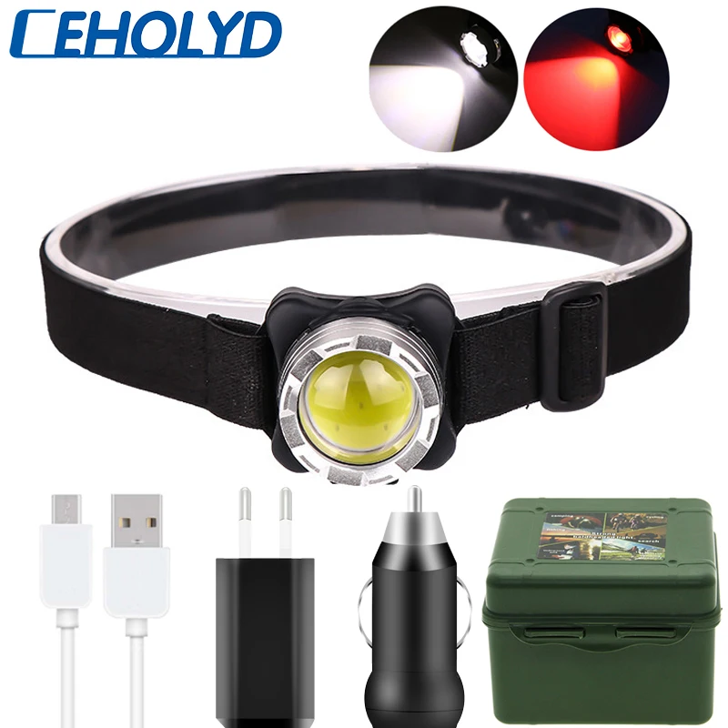 LED Headlamp COB Head Light USB Rechargeable with Built-in Battery Waterproof White Red Lighting head flashlight,cob headlamp