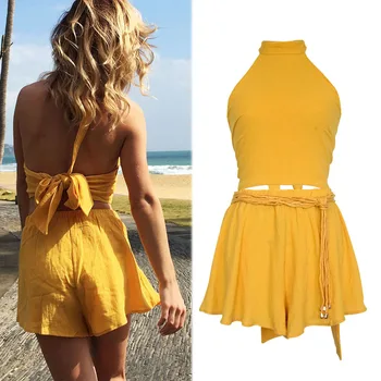

Fashion Women Sets Summer Women Sexy Halter Sleeveless Shirts Tee Pure Color Female Crop Tops & Shorts 2 Pieces Suits