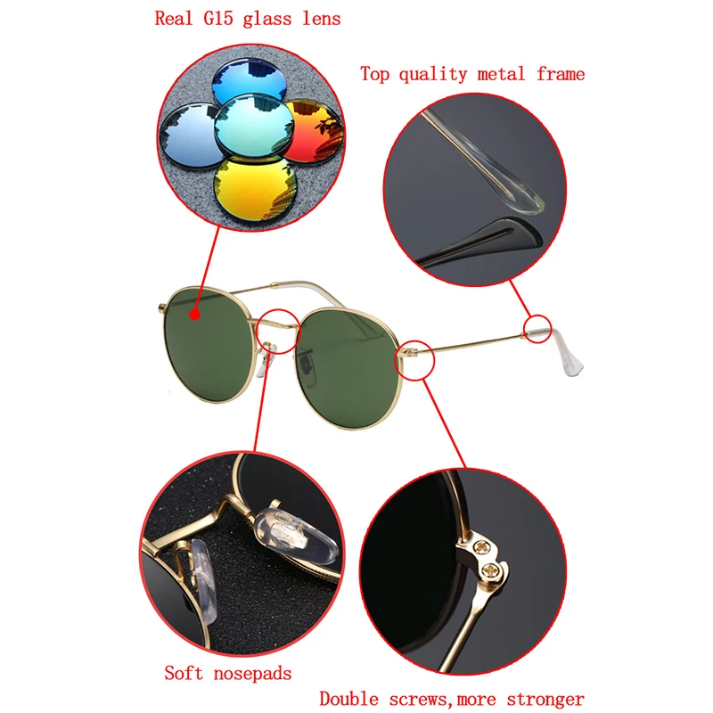 TOP quality G15 Glass lenses Round Sunglasses Women Men Retro Brand Metal  Frame Mirror Oculos Sun Glasses Shades Eyewear 3447