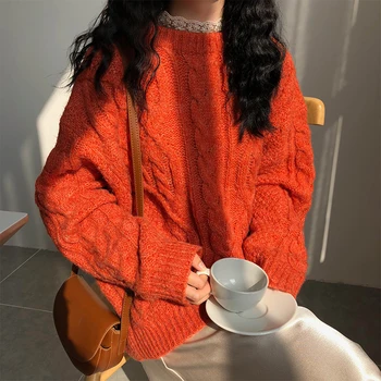 

Vintage O Neck Pullover Noodles Sweaters Women Winter Autumn Warm Long Sleeve Loose Casual Knitted Sweater Tops