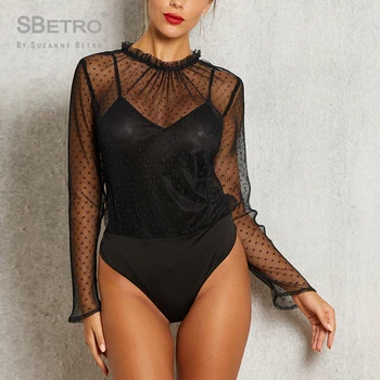 

Sbetro Black Dobby Mesh Frill Trim Bodysuit With Line Casual Long Sleeve Women Autumn Elegant Sexy Bodysuits