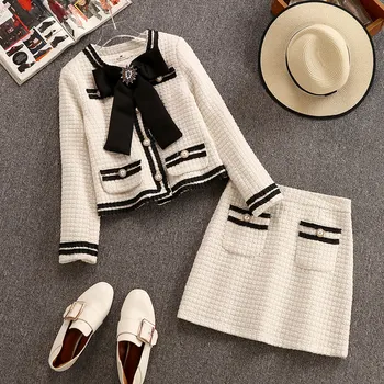 

Bornladies Autumn Winter Wool Suits Women 2 Piece Set Beading Big Bowknot Tweed Short Jacket Coat + High Waist Mini Pocket Skirt