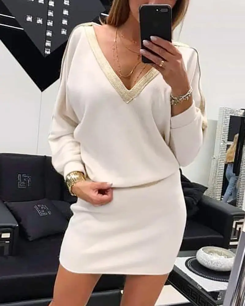 

2019 Winter Fashion Elegant V-Neck Colorblock Workwear Batwing Sleeve Contrast Casual Mini Brief Dress