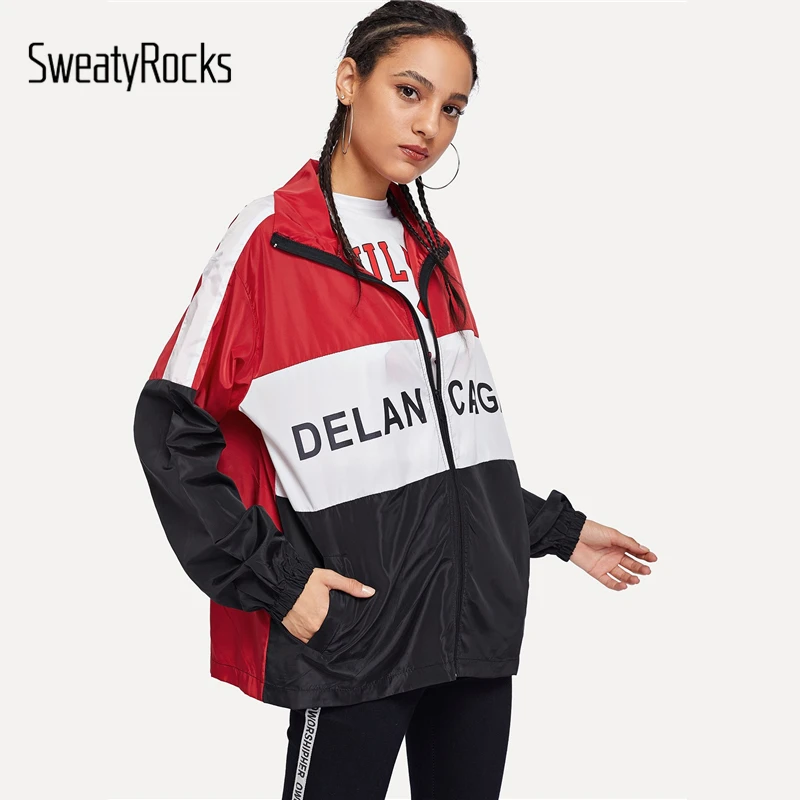 SweatyRocks с буквенным принтом, ветровка с цветным блоком, уличная Женская куртка для отдыха, осенняя Повседневная негабаритная верхняя одежда