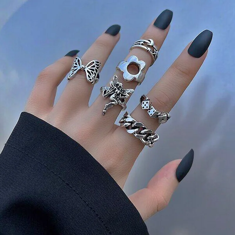 Punk Snake Gothic Silver Color Finger Ring Set 6PCS For Women  Heart Butterfly Wing Angel Wings Cupid Charms Rings Jewelry