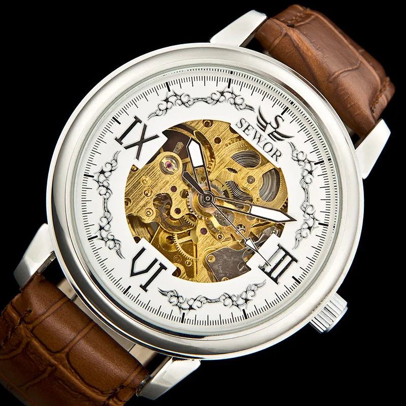 

SEWOR Mens New Fashion Silver Vintage Mechanical Skeleton Hand Wind Watch Men Wrist Watch relogio masculino