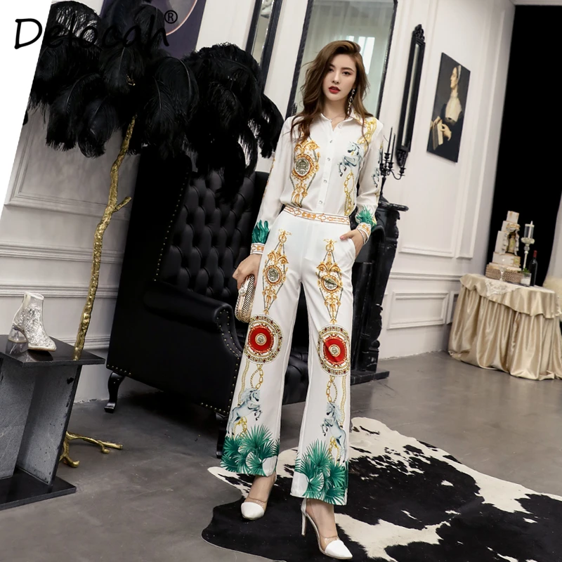 

Delocah Runway Fashion Autumn Suit Women's Long Sleeve Printed Shirt + Vintage Wide Leg Length Pants Ladies Holiday 2 Pieces Set
