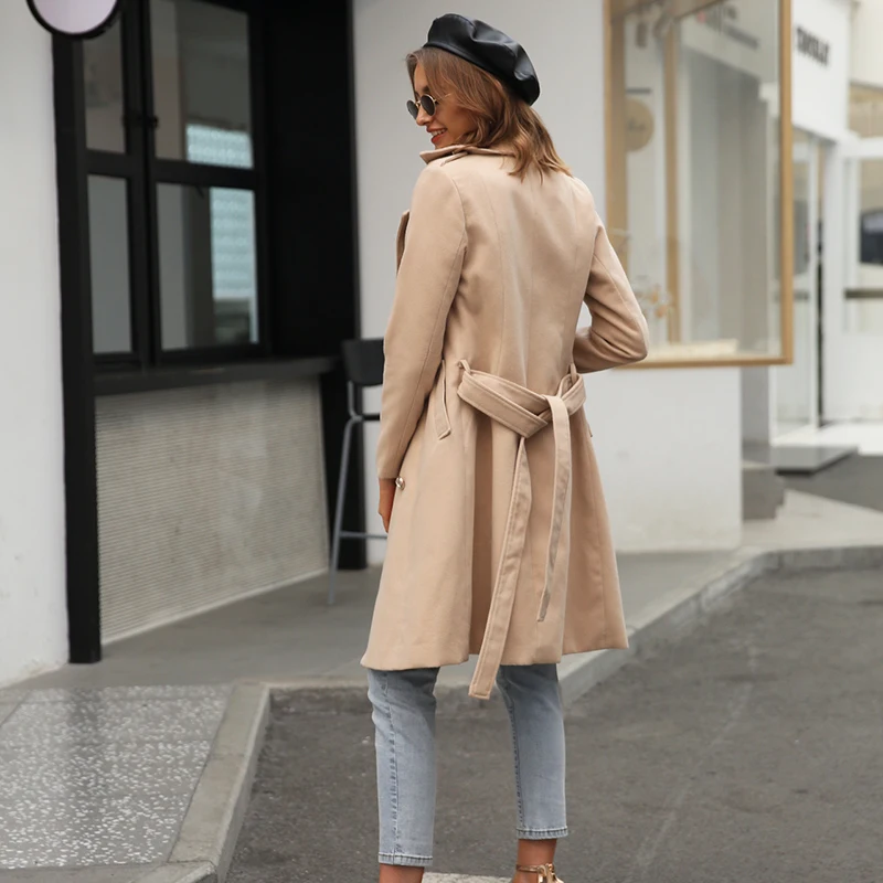 Simplee Vintage double breasted white trench coat for women Sashes slim long trench female Winter office solid trench dress
