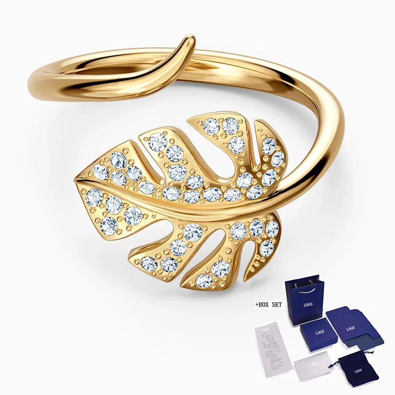 

Fashion new SWA TROPICAL LEAF open ring leaf shape tropical rain forest leaf golden open ring female fashion luxury romantic gif