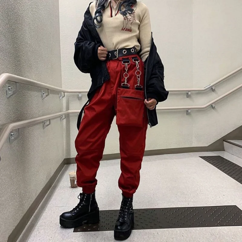 Женские штаны Карго Хип поп уличная одежда Карманы джоггеры свободные женские брюки корейская мода пот брюки ленты Высокая талия брюки