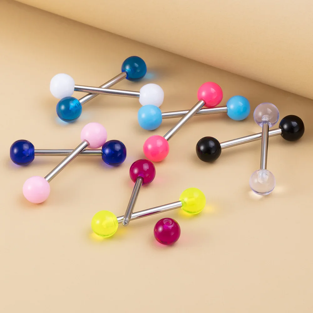 Tongue Rings 10PCS Colorful Acrylic Ball 14g Surgical Steel Straight for Women Body Piercing Jewelry